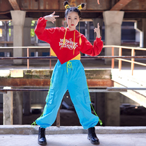 Childrens hip-hop costumes jazz dancing red long-sleeved lake blue overalls trousers suit girls jazz dance costumes