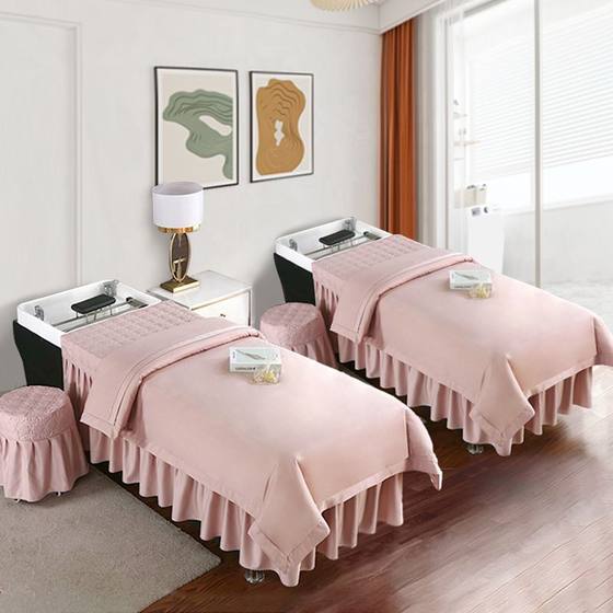 New product beauty massage shampooing bed cover four -piece solid color, simple luxury ears all -cotton bed customized pink New product beauty massage shampooing bed cover four -piece solid color, simple luxury ears all -cotton bed customized pink