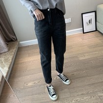 Black jeans female fat sister mm autumn and winter velvet high waist thin large size straight pipe cigarette pants 200 pounds