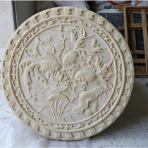 Sandstone sculpture round board wall decoration lotus year surplus home Villa background wall painting lotus fish Picture Relief