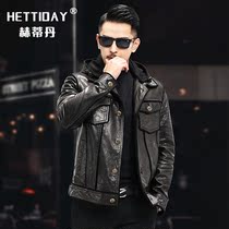 Henning New Genuine Leather Leather Clothing Male Head Layer Sheep Leather hat Cowboy Locomotive Clothing Leather Jacket Casual Jacket Youth