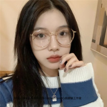 Korean version of transparent tea frame glasses plain color Student Anti blue light flat mirror retro literary round double circle metal frame tr