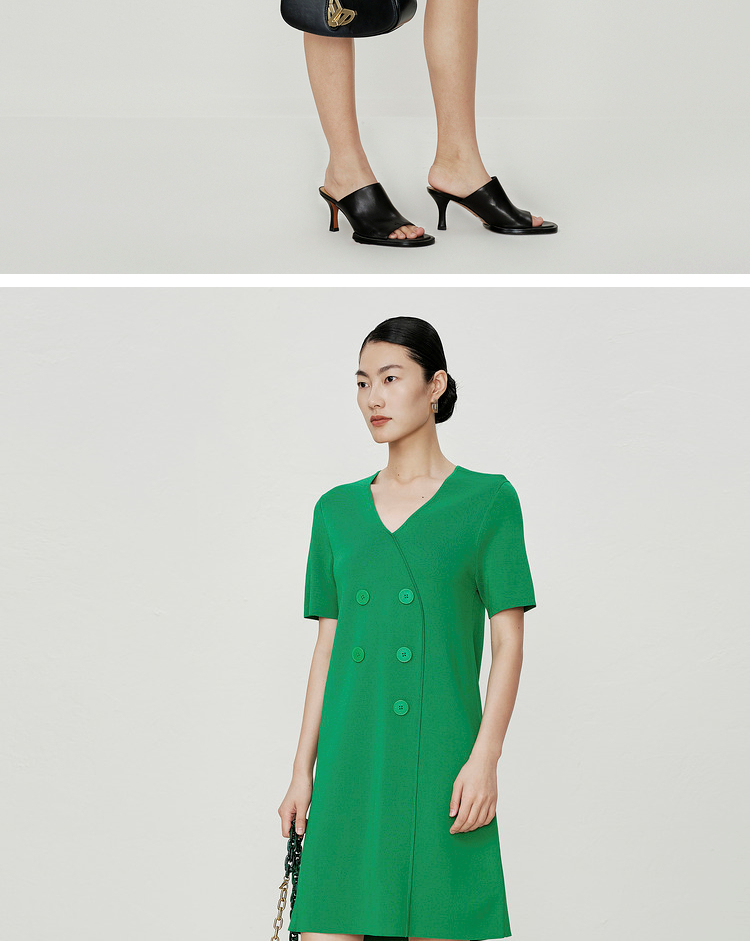 【轻礼系列】玛丝菲尔2023年夏季新款绿色V领设计感气质连衣裙女