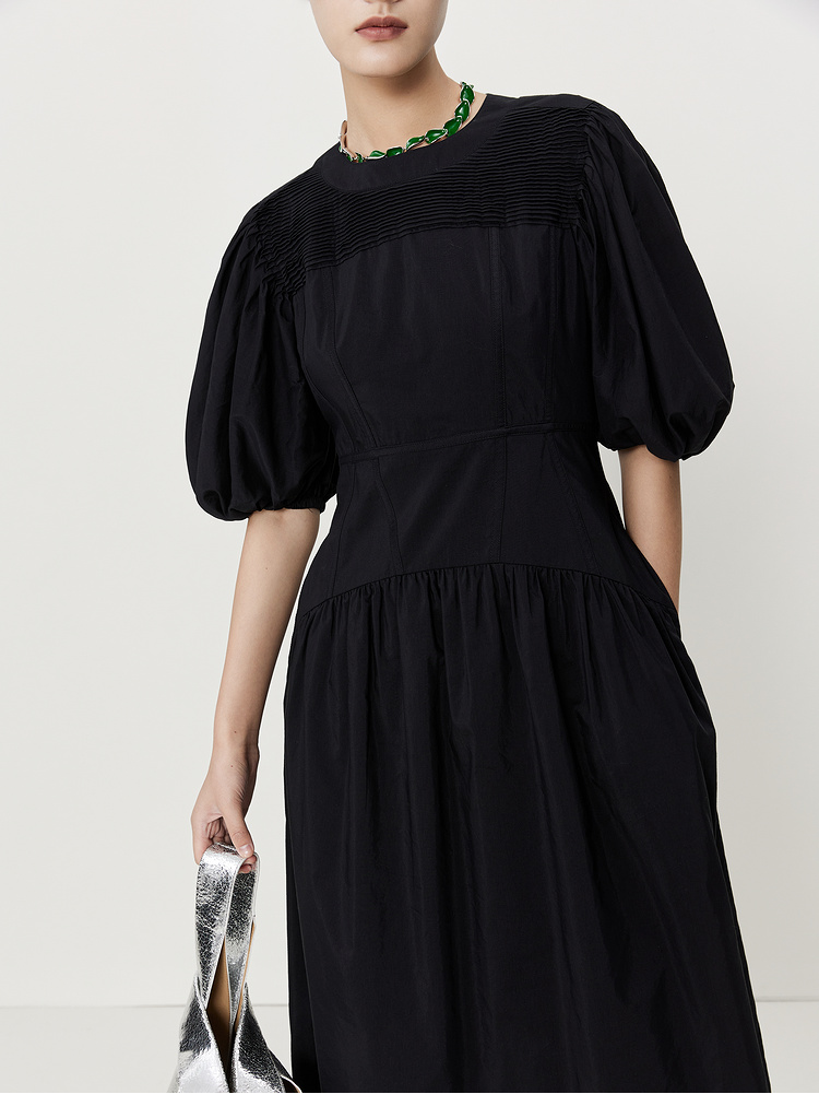 【桑蚕丝】玛丝菲尔2022夏新款法式赫本风泡泡袖小黑裙黑色连衣裙
