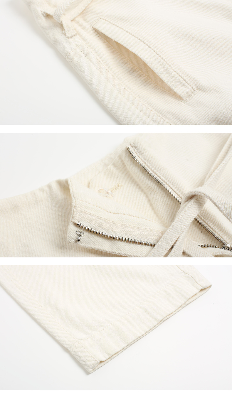 【纯棉】玛丝菲尔2022春夏高腰系带自然白色垂感牛仔休闲裤