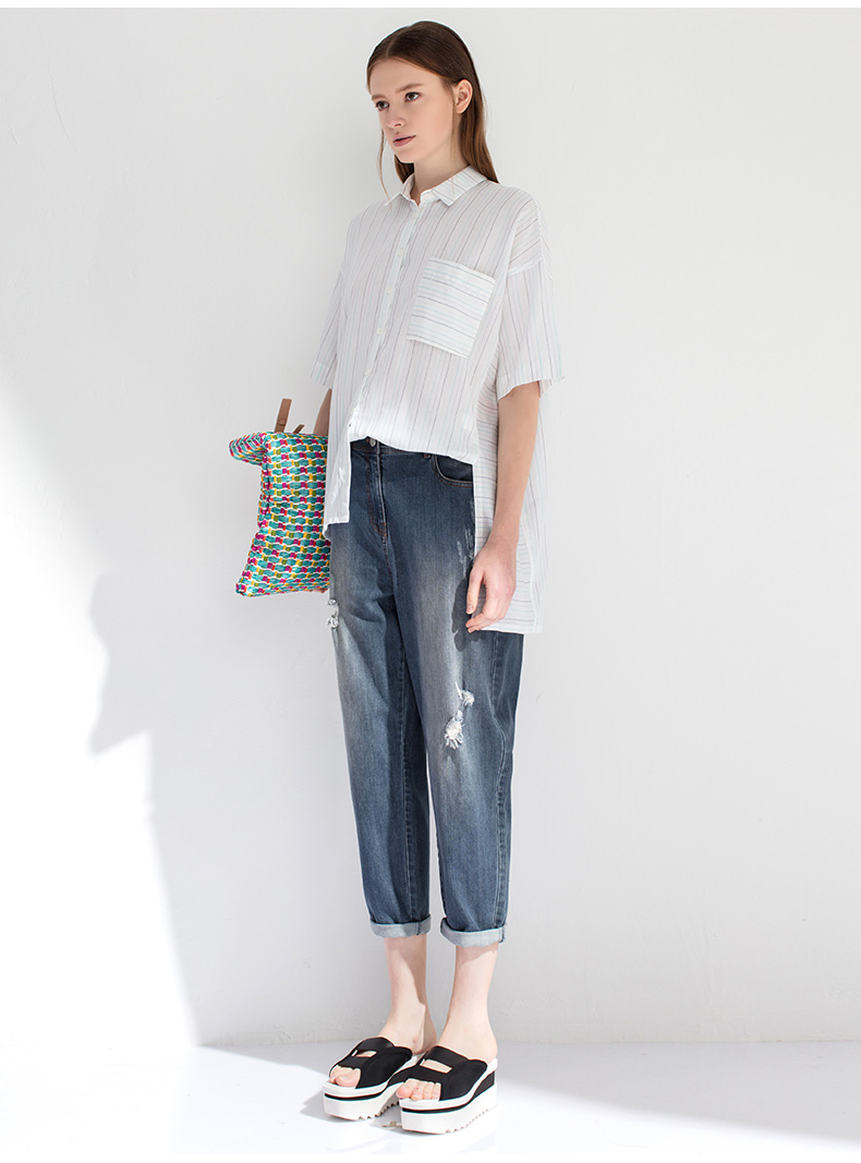 菲拉格慕的設計理念 Marisfrolg瑪絲菲爾 棉質百搭破洞七分牛仔褲 設計師款夏季新女裝 菲拉格慕的包包