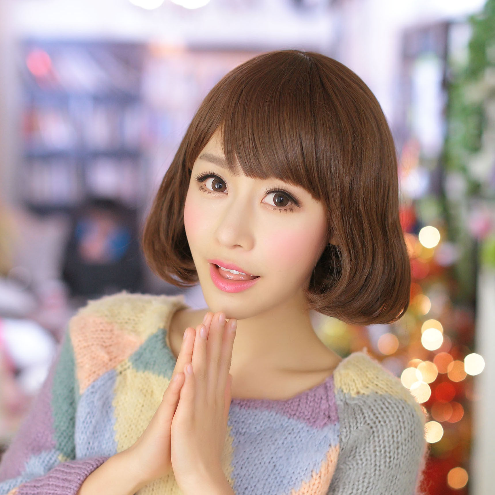 桃厘丝假发 包邮甜美哑光可齐可斜刘海梨形蓬松短梨花头短卷假发