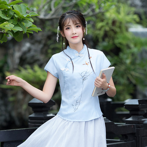 实拍中式女装中国风唐装女衬衫棉麻刺绣改良旗袍上衣茶人服女_7折现价