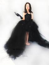 Girl Black Atmospheric Dresses Dress Children Walk Show Tug Tail Detachable Gown Performance Upscale Handmade Dress White