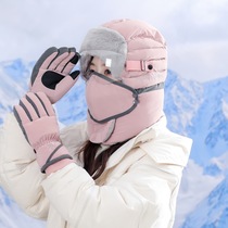 2021 Korean version of new ladies fashion winter warm thick glasses Lei Feng hat cycling windproof gloves ski hat