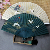 Fan ancient wind folding fan in female Chinese style Woven Silk Folding Fairy Crane Hanfu Qipao Qipao Summer Carry-on and Daily Little Fan