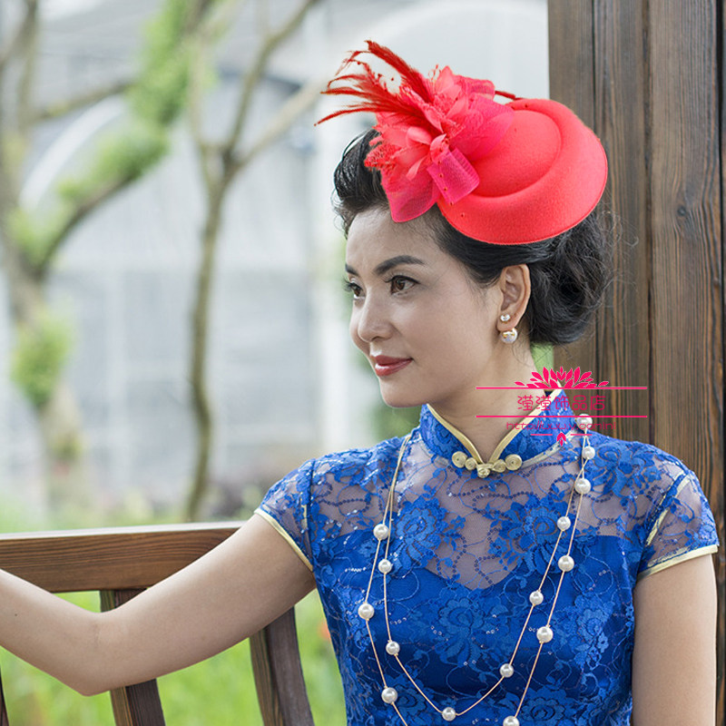 新娘头饰复古面纱旗袍配饰网纱羽毛花朵晚礼服小礼帽女发饰黑白色