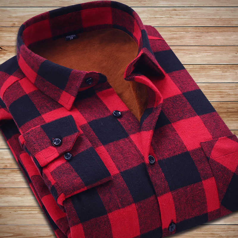 意宾格子保暖衬衫男士 长袖 衬衫加绒加厚修身休闲m男装磨毛衬衣