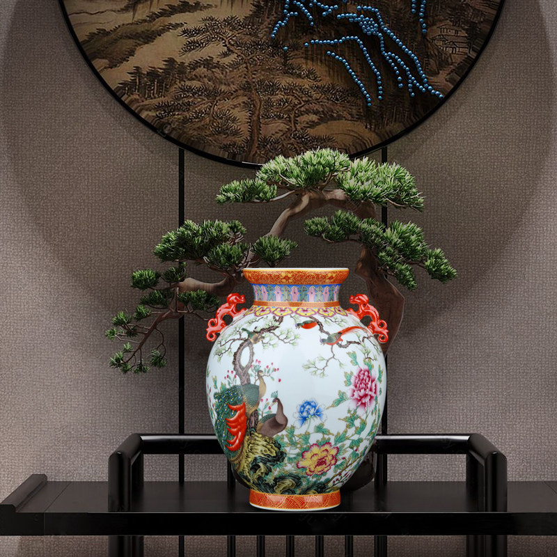 Jingdezhen ceramics powder enamel peacock vase Chinese archaize sitting room TV ark, home decoration furnishing articles arranging flowers