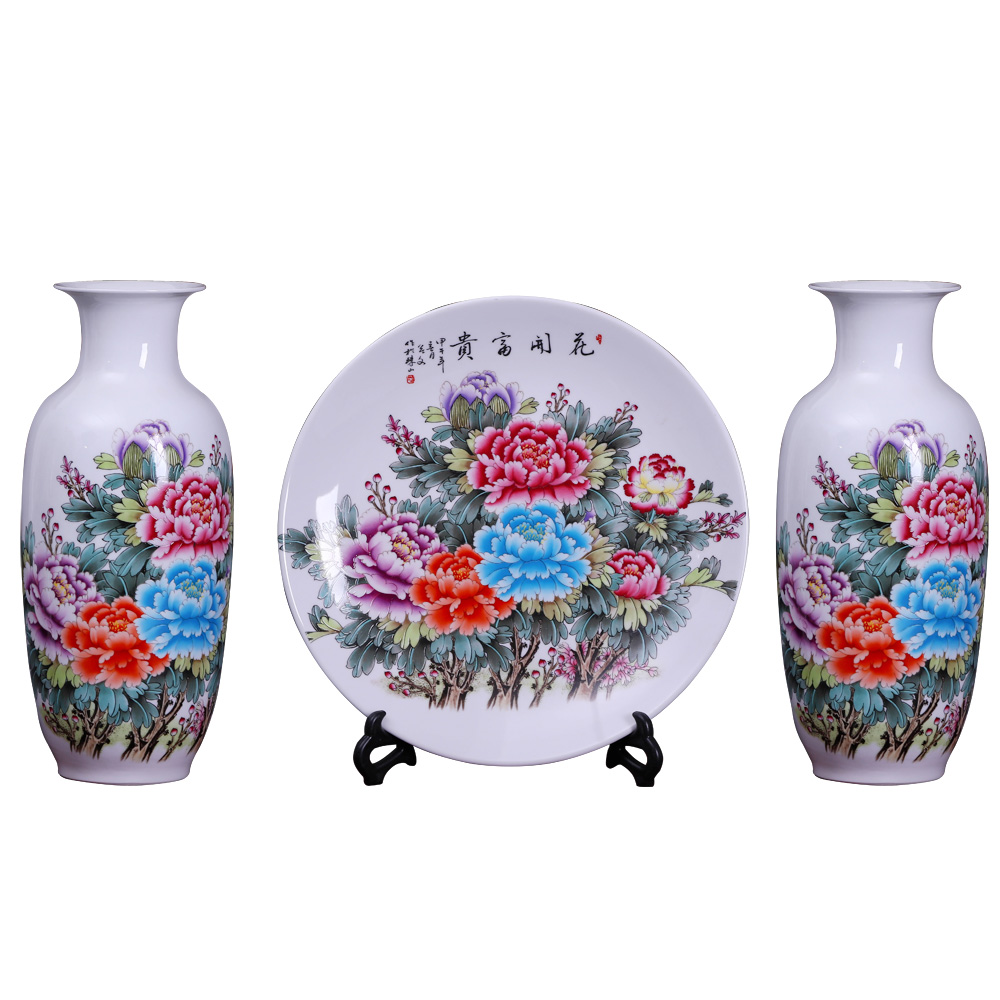 Jingdezhen porcelain vases hang dish three - piece sitting room place, study of new Chinese style office craft ornaments