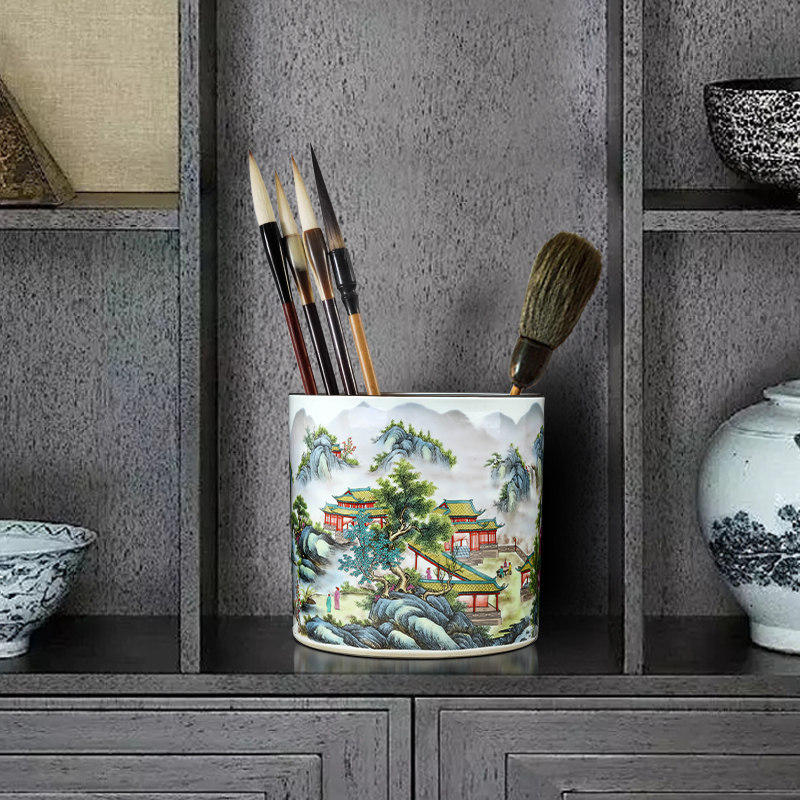 Jingdezhen ceramics antique vase pastel furnishing articles of Chinese style adornment home office desktop painting and calligraphy quiver