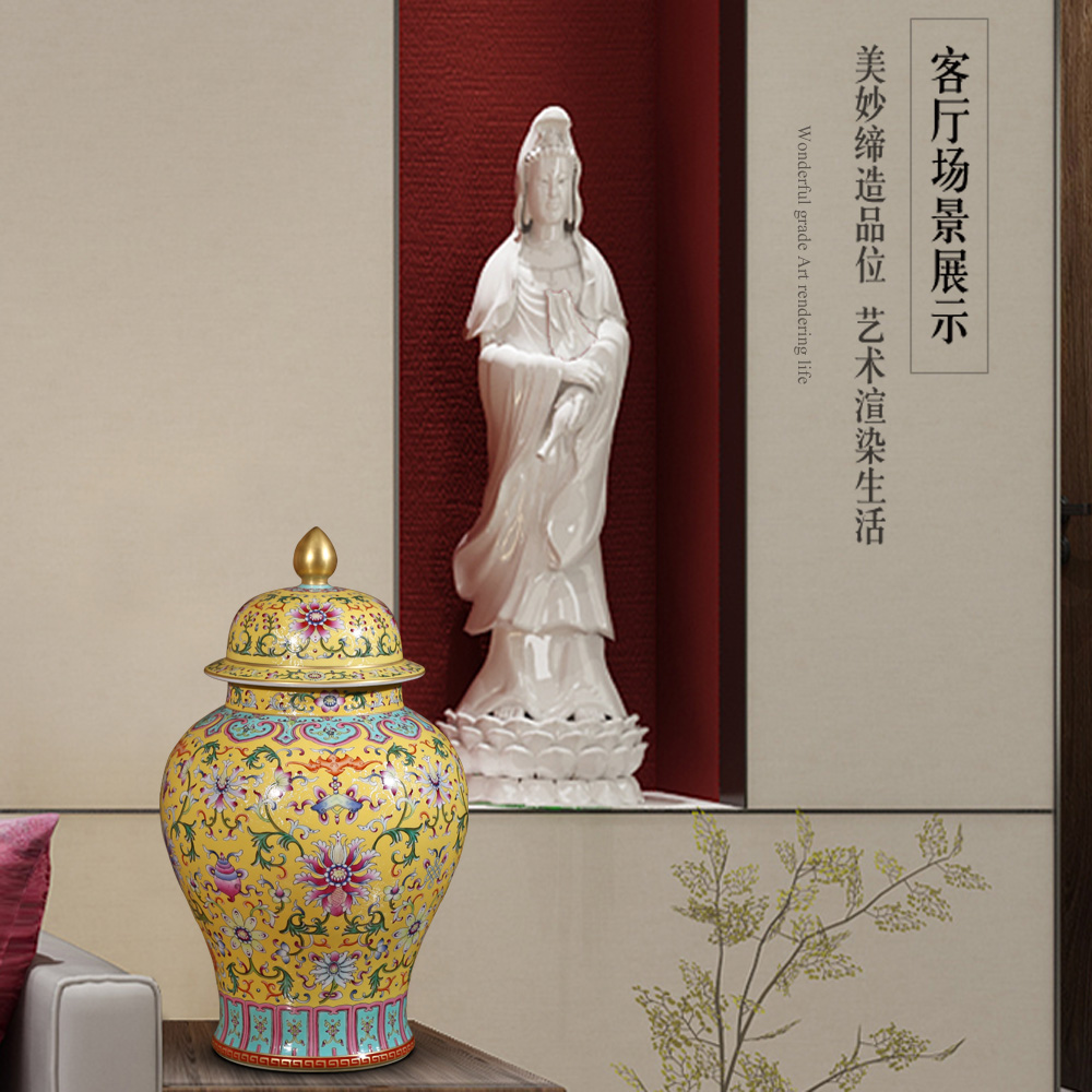 Jingdezhen ceramic furnishing articles hand - made antique yellow scramble for flower general tank large Chinese style living room TV cabinet decoration