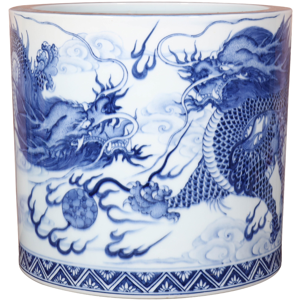 Jingdezhen ceramics, antique hand - made of blue and white porcelain brush pot Chinese dragon pattern study adornment furnishing articles head 'day gift