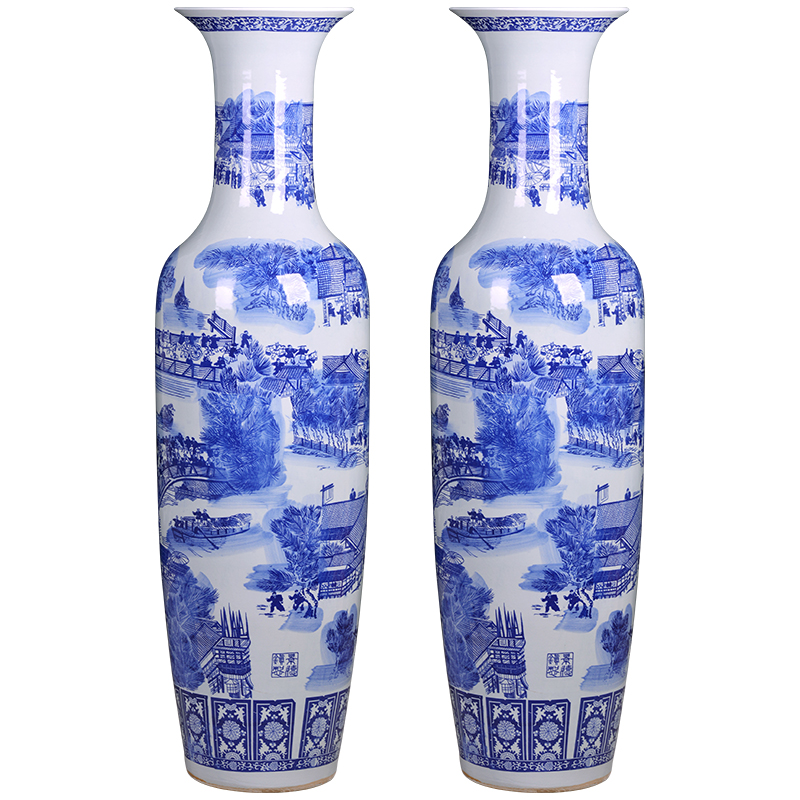 Jingdezhen blue and white porcelain ceramic vase qingming scroll furnishing articles extra large open living room floor decoration restoring ancient ways