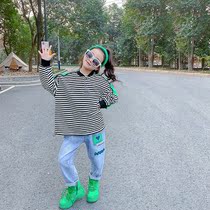 Child Yangqi Short Loose Sweater 2022 Spring Autumn Long Sleeve Casual Green Striped blouses CUHK Tong Round Collar Undercoat