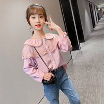 2022 Spring Dress New Girl Foreign Air Long Sleeve Doll Cardiovert Blouse Blouse Baby Cotton Shirt Mesh Red Shirt Boy Clothing