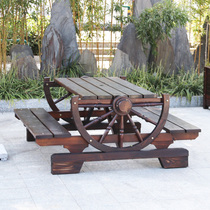Anticorrosive Wood outdoor table and chair leisure table solid wood garden carbonized table and chair conjoined table table pastoral decoration