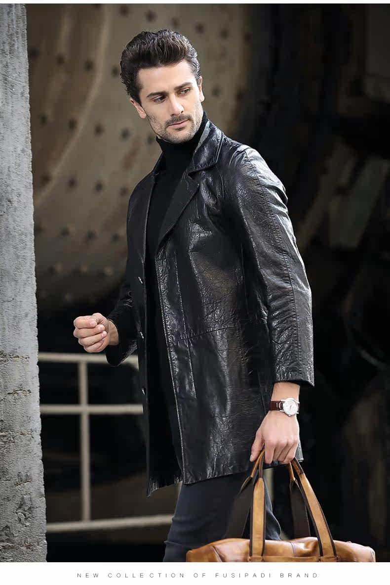 真皮西装男中长款修身海宁真皮皮衣男西服单皮衣秋冬外套