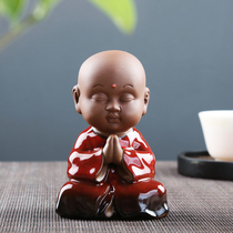 Color sand pottery purple sand tea pet four small monk Sami ornaments can raise tea art tea table tea set decoration personality creativity