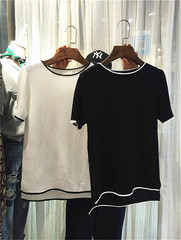 实拍#韩版夏装宽松套头圆领罩衫女短袖冰丝针织衫前短后长镂空T恤