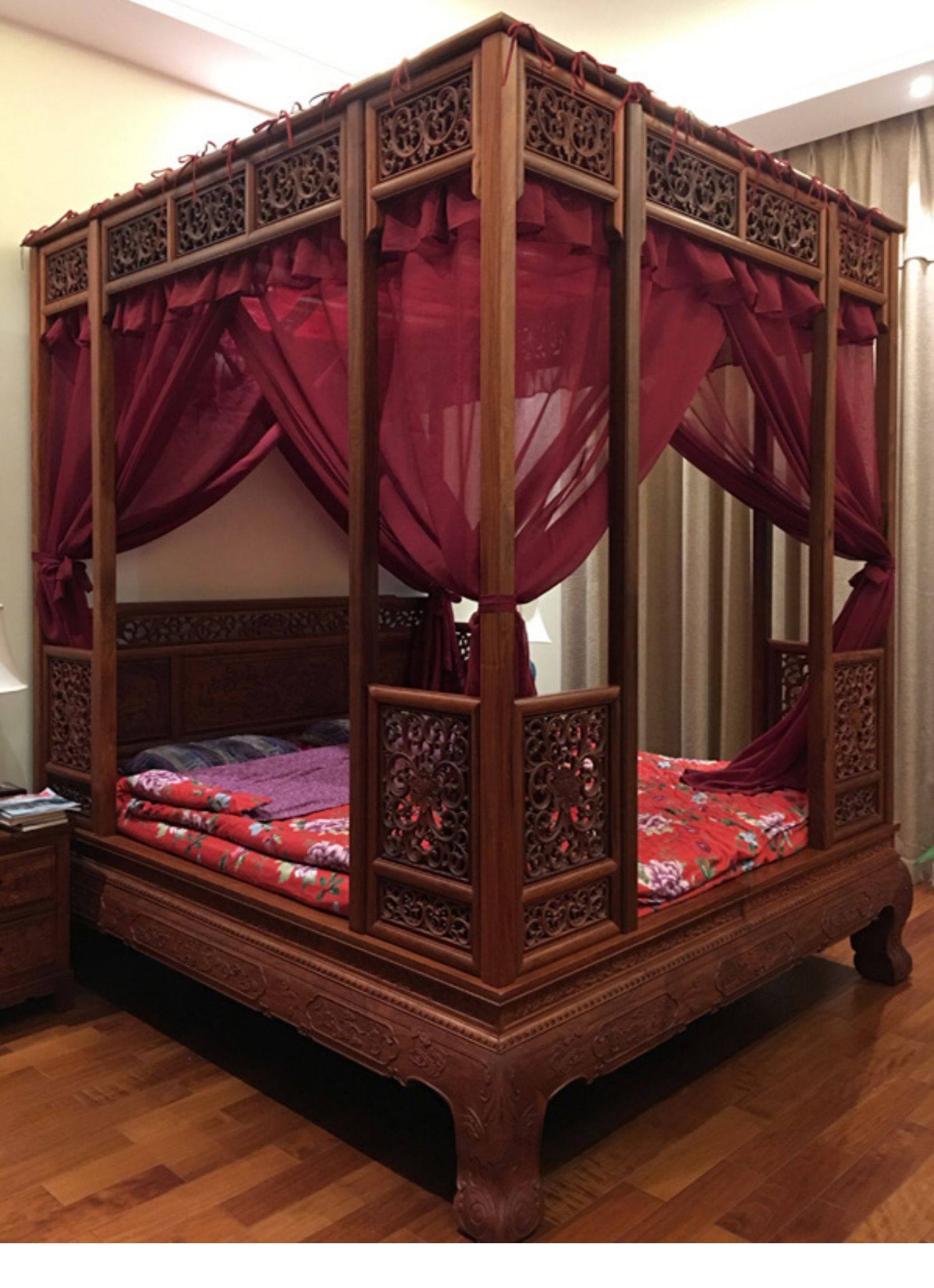 中式仿明清古典风格双月洞架子床酒红麻纱结婚喜庆防蚊帐床幔纱