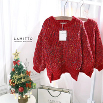 Autumn and winter Girls thickened warm sweater Red color dot Chenille loose sweater jacket lantern sleeves