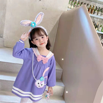 2021 autumn new girl baby girl cute sweet purple Star Debra navy collar dress pure cotton knit dress