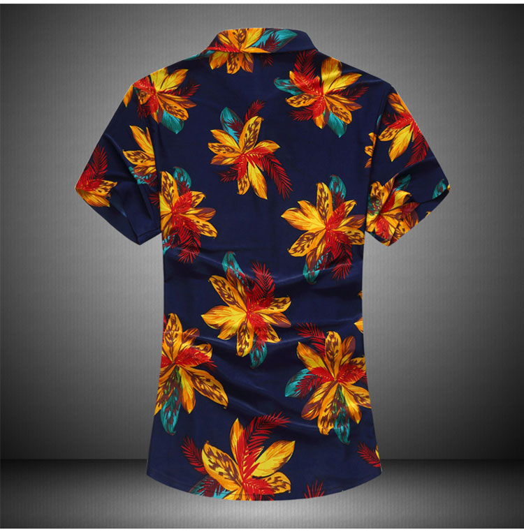 2019夏季亚马逊外贸新款男士短袖花衬衫丝光棉印花大码尖领衬衣男