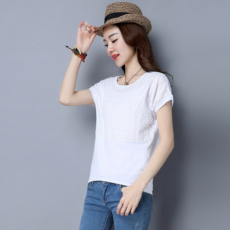 短袖t恤女夏宽松白色上衣2017夏装韩版女装绣花棉打底衫