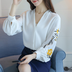 实拍刺绣雪纺衫长袖2017秋韩版女装V领灯笼袖气质百搭上衣