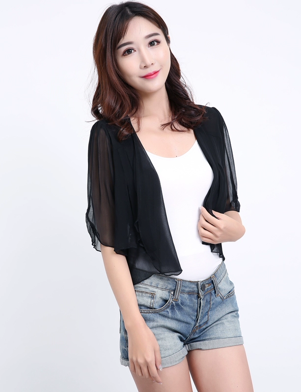 Mùa xuân và mùa hè mới của phụ nữ màu tinh khiết lụa dâu tằm cardigan lụa georgette khăn choàng ngắn áo khoác nhỏ trong tay áo chống nắng - Áo khoác ngắn