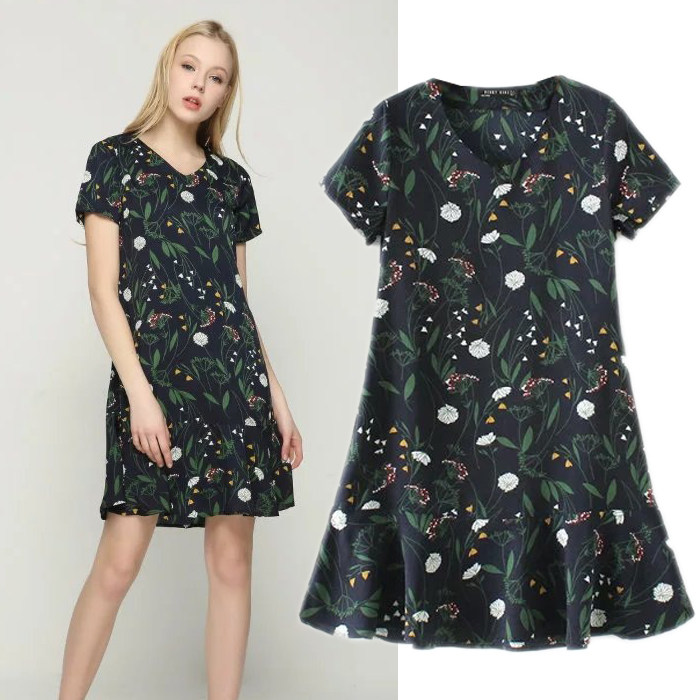 t3265范范女装夏新品欧美风花卉印花不规则下摆侧拉链连衣裙_7折现价