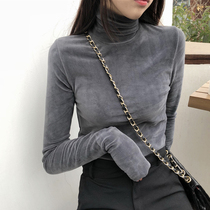 Golden Velvet High-collar base shirt Womens Inner Wear Autumn and Winter Wild Grey T-shirt Pile Collar Tight Long Sleeve Top