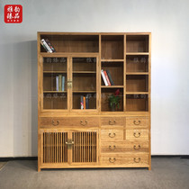 Old elm paint-free solid wood bookcase Chinese style small apartment living room with glass door display cabinet shelf combination custom
