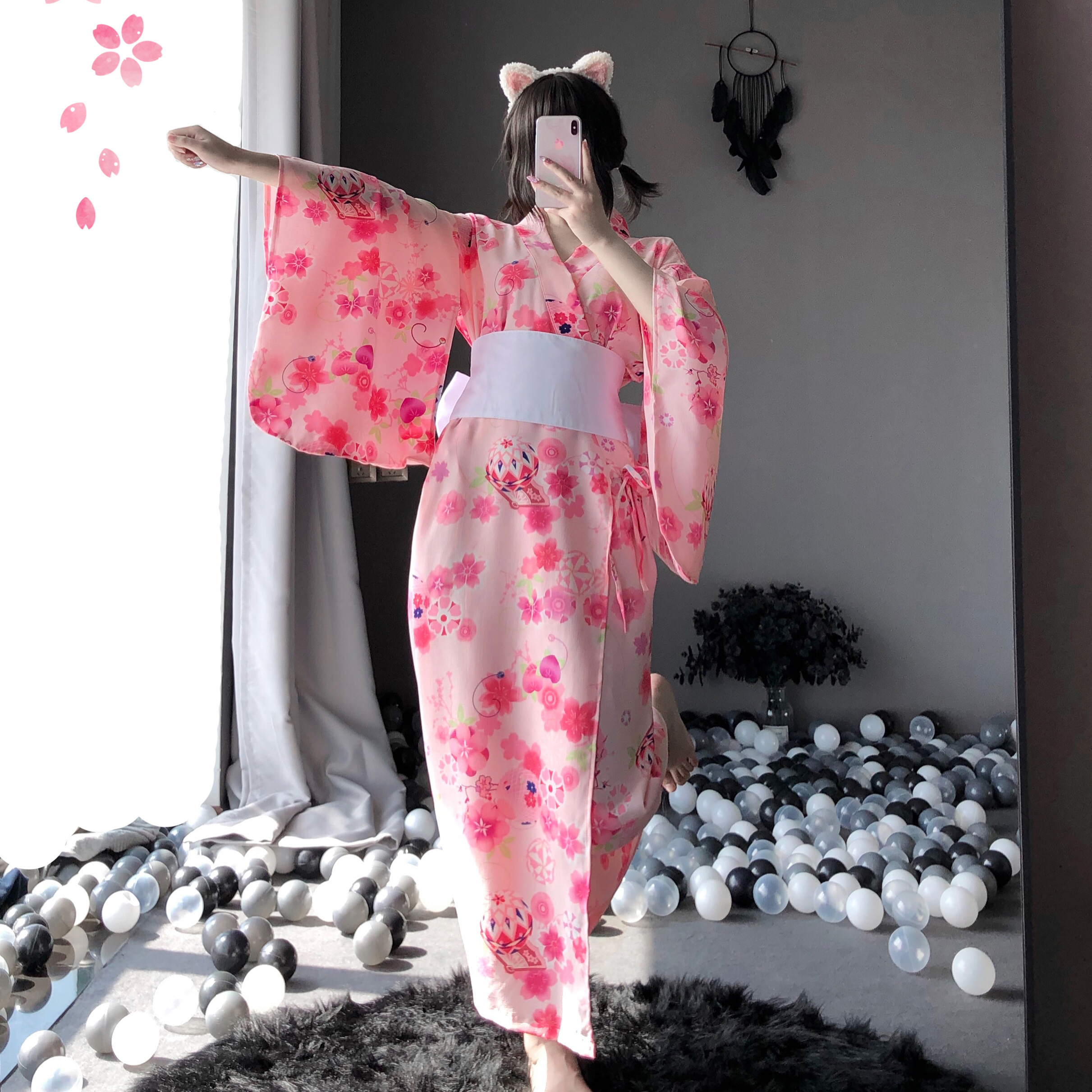 yunwuxin日式温泉浴袍樱花改良开衫和服可爱少女长款带蝴蝶结腰封私房