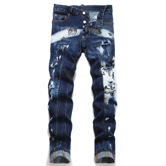 D2 ink splash jeans slim letters small man picture print trendy men's ripped patch personality slightly elastic small feet trousers D2 ink splash jeans slim letters small man picture print trendy men's ripped patch personality slightly elastic small feet trousers