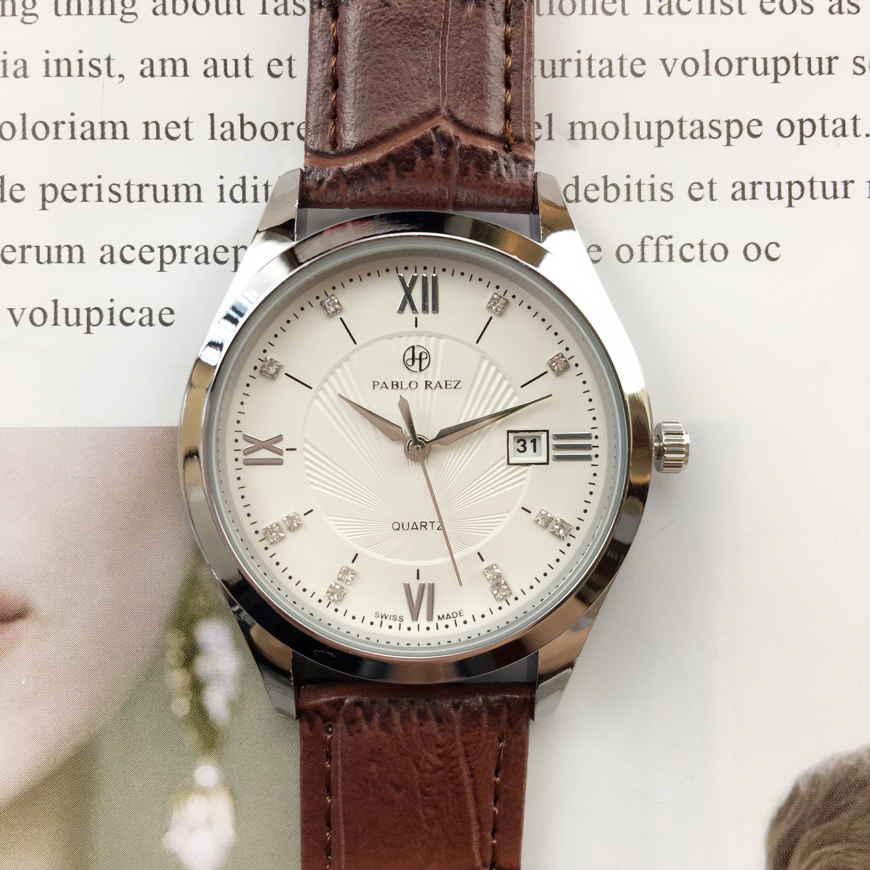 pablo raez棕色男士气质皮带腕表非机械表日历商务石英表包邮