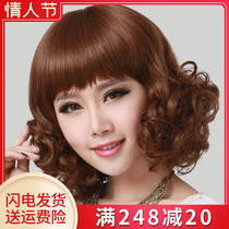 Wig woman medium long hair curls full head cover type long roll short pear blossom head Qi bangs wig natural medium long hair set