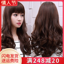 Wig woman with long hair long curly hair big wave pear blossom roll oblique bangs round face natural realistic full head cover