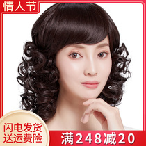 Wig woman medium long hair long curly hair natural round face hairstyle big wave temperament oblique bangs pear flower head full head cover