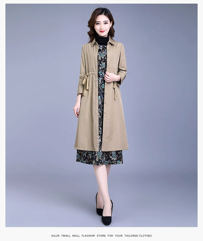 Ellen tính khí áo khoác gió áo khoác của phụ nữ mùa thu năm 2021 mới của phụ nữ phù hợp với cổ áo dài trung bình cỡ lớn big-name mỏng màu rắn - Trench Coat