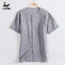 UAISI 2021 new spring and summer mens linen stand-up collar shirt short-sleeved round neck linen top tide
