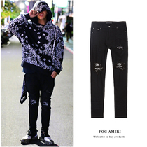 20SS Fog Amiri black cow hole made old cashew flower hot diamond slim-fit small feet jeans men and women high street trend