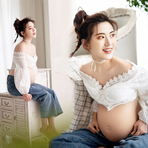 20 New Shadow Building Pregnant Woman Photo Clothing Sen Womens Department Writing True Themed Clothing Han Edition Reveal Navel Photography Gestational Gestation