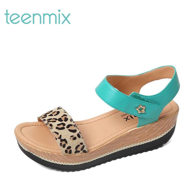 Teenmix/天美意2015夏季混合材质个性坡跟女皮凉鞋6TE09BL5专柜1